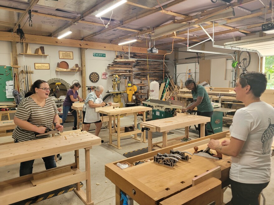 Students learning woodworking
