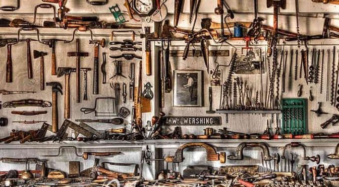 Wall of Vintage Woodworking Tools